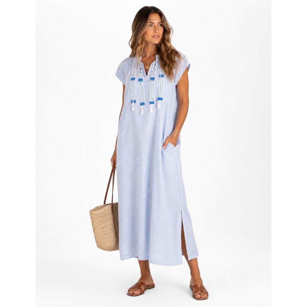 Palladis Urban Canal Kaftan Dress Womens M Blue White Stripe Embroidered‎ Cotton